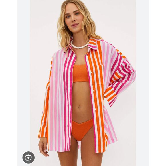 Beach Riot Other - BEACH RIOT Alexa Coverup Button Down Top Size PL Pink Orange Stripes Long Sleeve
